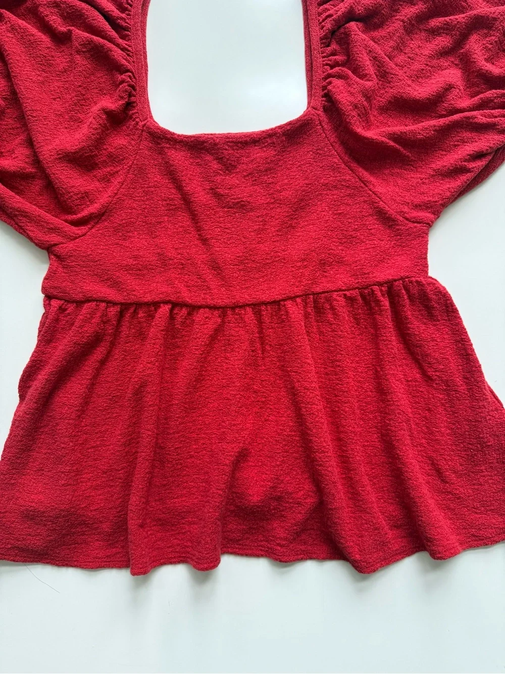 Madewell Red Puff Sleeve Square Neck Peplum Cotton Peasant Top Size XXS